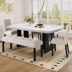 Faux Marble Dining Table Set for 6, 6 Pieces Rectangle Dining Table with 4 Upholstered Chairs & 1 Bench for Dining Room