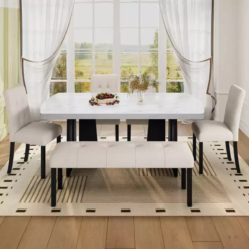 Faux Marble Dining Table Set for 6, 6 Pieces Rectangle Dining Table with 4 Upholstered Chairs & 1 Bench for Dining Room