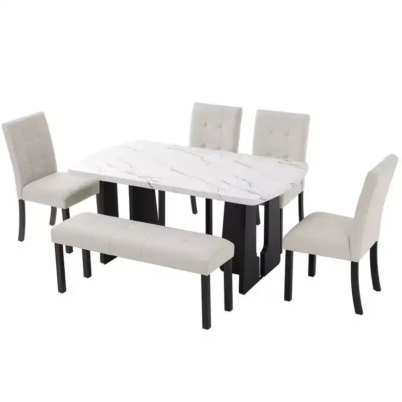 Faux Marble Dining Table Set for 6, 6 Pieces Rectangle Dining Table with 4 Upholstered Chairs & 1 Bench for Dining Room