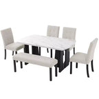 Faux Marble Dining Table Set for 6, 6 Pieces Rectangle Dining Table with 4 Upholstered Chairs & 1 Bench for Dining Room
