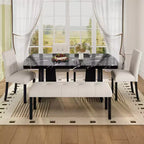 Faux Marble Dining Table Set for 6, 6 Pieces Rectangle Dining Table with 4 Upholstered Chairs & 1 Bench for Dining Room