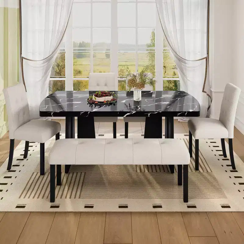 Faux Marble Dining Table Set for 6, 6 Pieces Rectangle Dining Table with 4 Upholstered Chairs & 1 Bench for Dining Room