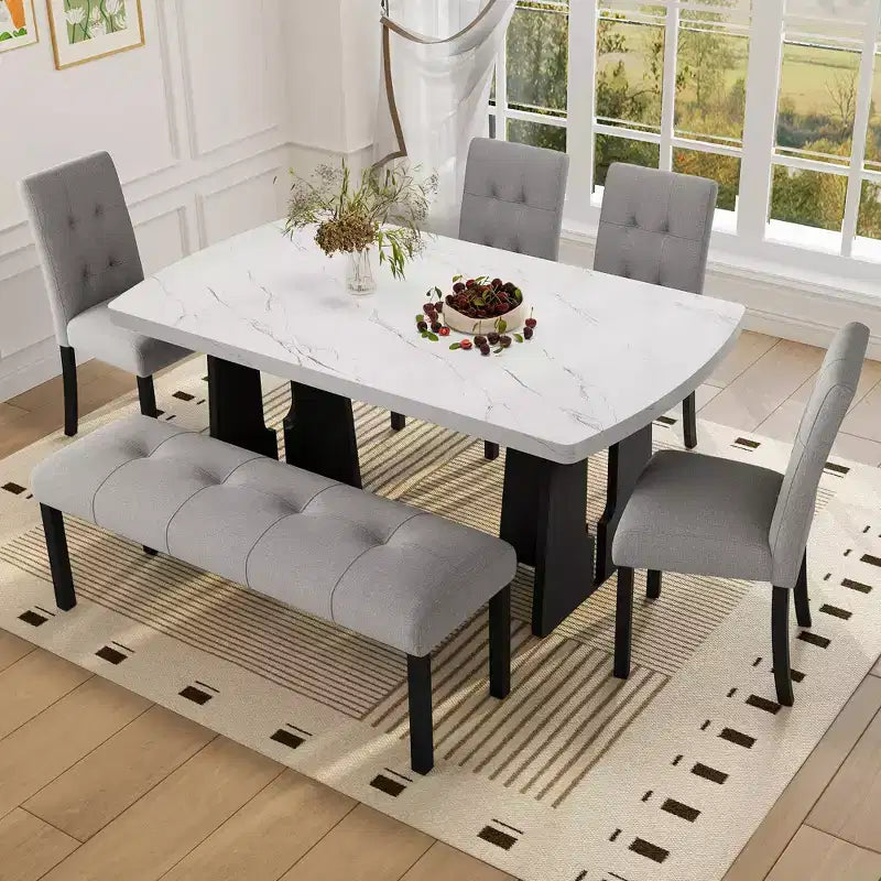 Faux Marble Dining Table Set for 6, 6 Pieces Rectangle Dining Table with 4 Upholstered Chairs & 1 Bench for Dining Room