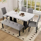 Faux Marble Dining Table Set for 6, 6 Pieces Rectangle Dining Table with 4 Upholstered Chairs & 1 Bench for Dining Room