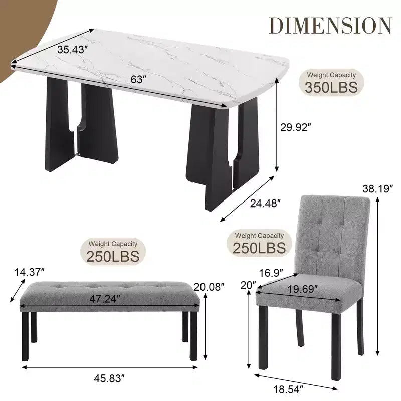 Faux Marble Dining Table Set for 6, 6 Pieces Rectangle Dining Table with 4 Upholstered Chairs & 1 Bench for Dining Room