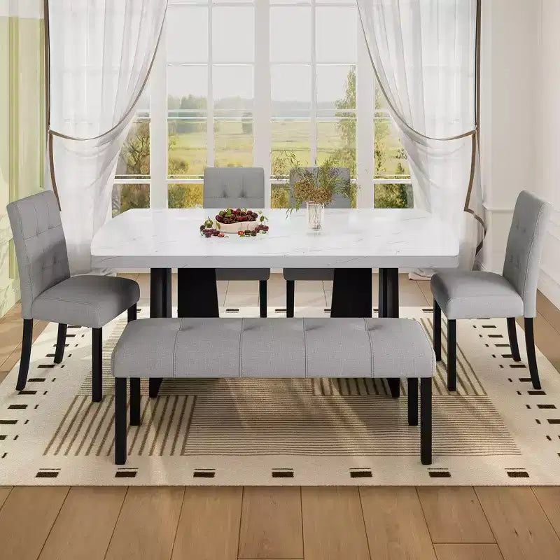 Faux Marble Dining Table Set for 6, 6 Pieces Rectangle Dining Table with 4 Upholstered Chairs & 1 Bench for Dining Room