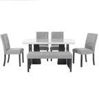 Faux Marble Dining Table Set for 6, 6 Pieces Rectangle Dining Table with 4 Upholstered Chairs & 1 Bench for Dining Room