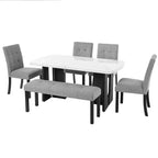 Faux Marble Dining Table Set for 6, 6 Pieces Rectangle Dining Table with 4 Upholstered Chairs & 1 Bench for Dining Room