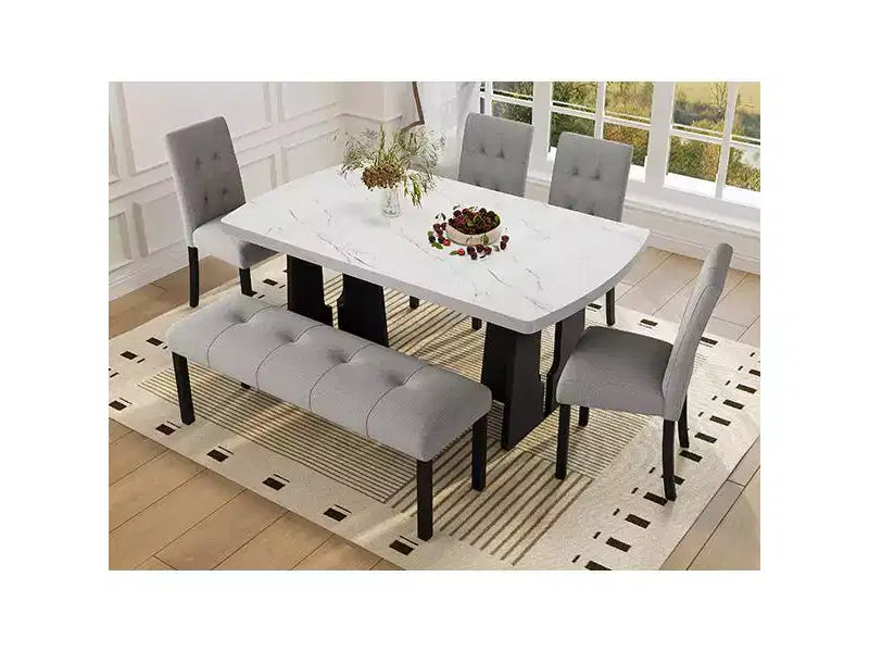 Faux Marble Dining Table Set for 6, 6 Pieces Rectangle Dining Table with 4 Upholstered Chairs & 1 Bench for Dining Room