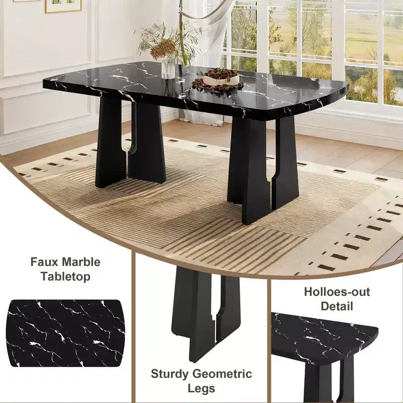 Faux Marble Dining Table Set for 6, 6 Pieces Rectangle Dining Table with 4 Upholstered Chairs & 1 Bench for Dining Room
