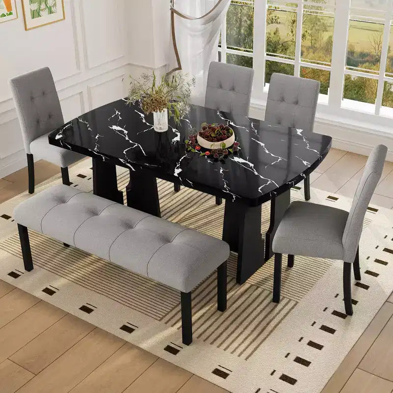 Faux Marble Dining Table Set for 6, 6 Pieces Rectangle Dining Table with 4 Upholstered Chairs & 1 Bench for Dining Room