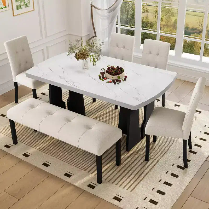 Faux Marble Dining Table Set for 6, 6 Pieces Rectangle Dining Table with 4 Upholstered Chairs & 1 Bench for Dining Room