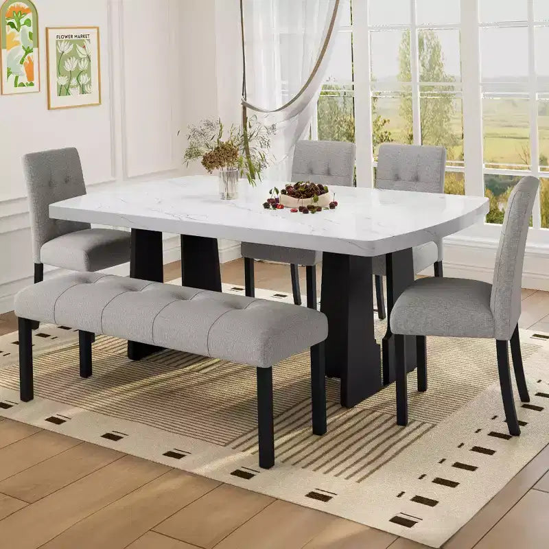 Faux Marble Dining Table Set for 6, 6 Pieces Rectangle Dining Table with 4 Upholstered Chairs & 1 Bench for Dining Room