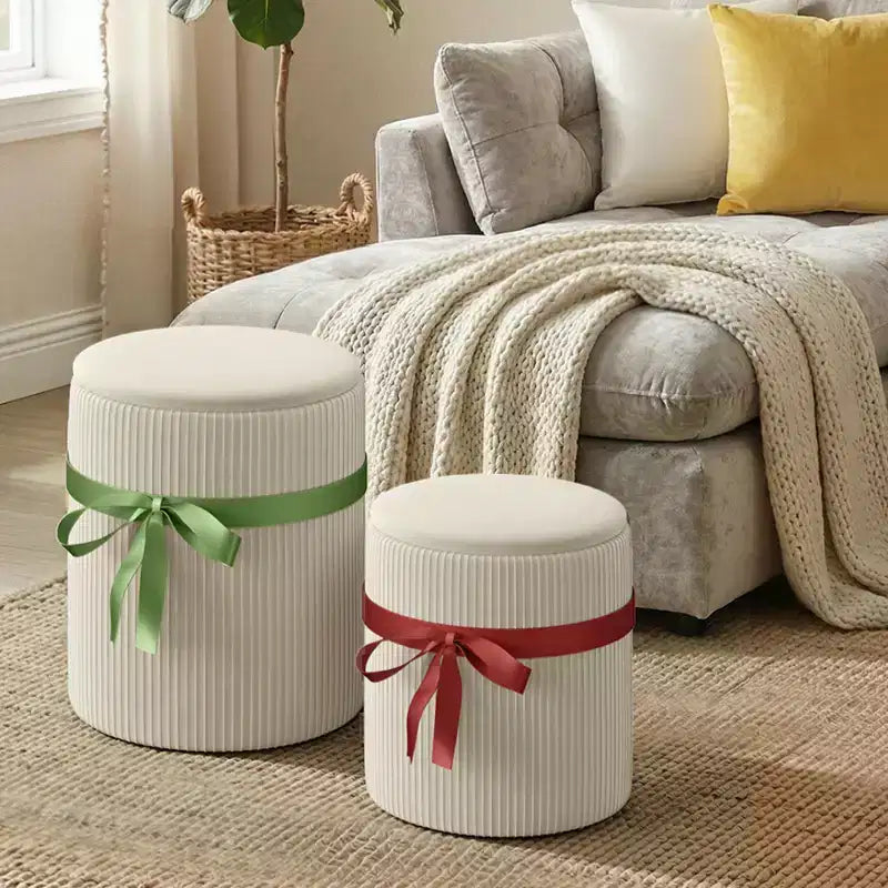 Pinmoco Round Ottoman with Storage Set of 2, Coffee Table Ottoman, Corduroy Vanity Stool for Bedroom, Foot Rest for Living Room