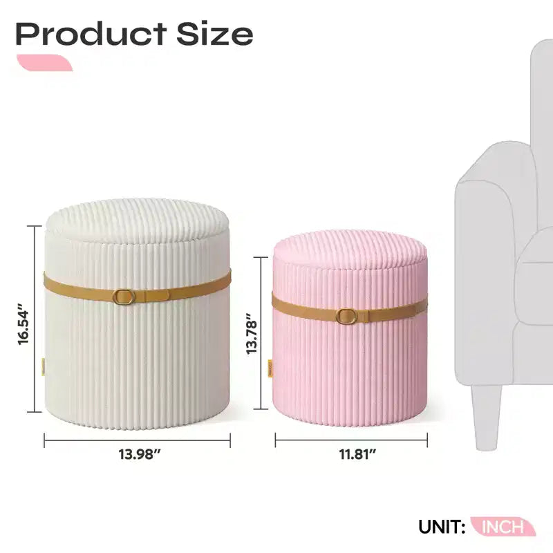 Pinmoco Round Ottoman with Storage Set of 2, Coffee Table Ottoman, Corduroy Vanity Stool for Bedroom, Foot Rest for Living Room