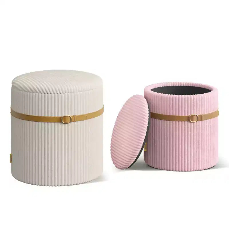 Pinmoco Round Ottoman with Storage Set of 2, Coffee Table Ottoman, Corduroy Vanity Stool for Bedroom, Foot Rest for Living Room
