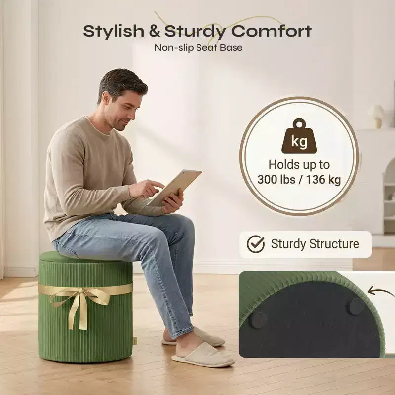 Pinmoco Round Ottoman with Storage Set of 2, Coffee Table Ottoman, Corduroy Vanity Stool for Bedroom, Foot Rest for Living Room