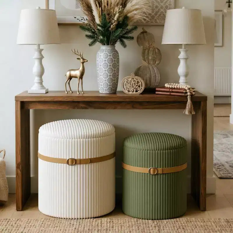 Pinmoco Round Ottoman with Storage Set of 2, Coffee Table Ottoman, Corduroy Vanity Stool for Bedroom, Foot Rest for Living Room