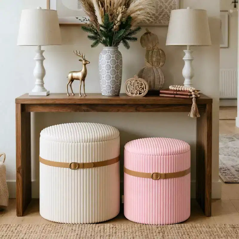 Pinmoco Round Ottoman with Storage Set of 2, Coffee Table Ottoman, Corduroy Vanity Stool for Bedroom, Foot Rest for Living Room