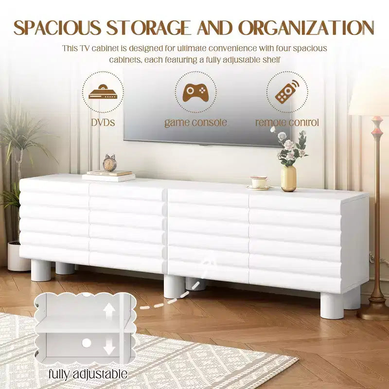 JVNOXK 70-inch Wave-Style TV Console with Adjustable Shelves and 4 Cabinets, Accommodates TVs up to 75 inches; Ideal for Living Rooms, White