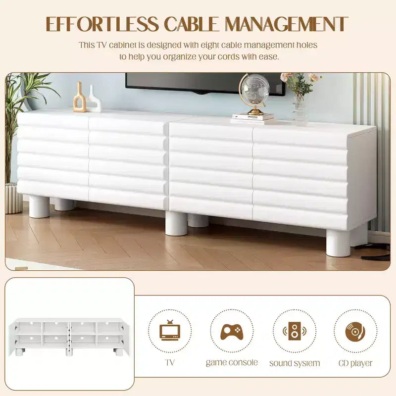 JVNOXK 70-inch Wave-Style TV Console with Adjustable Shelves and 4 Cabinets, Accommodates TVs up to 75 inches; Ideal for Living Rooms, White