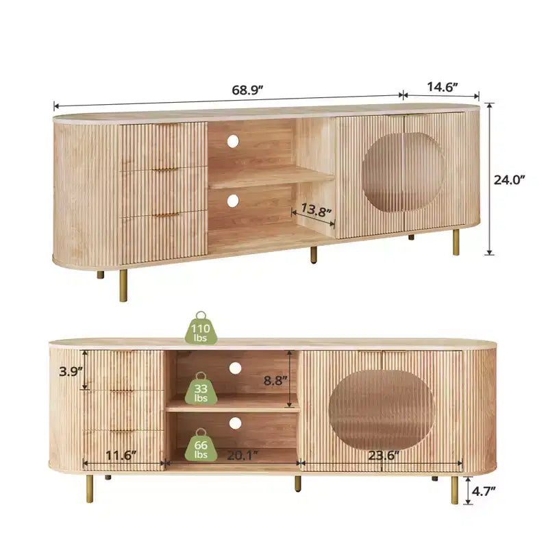JVNOXK 65-inch Modern Recessed TV Console with Marble-Look Countertop and Gold Accents, Suitable for Living Rooms, Natural Oak