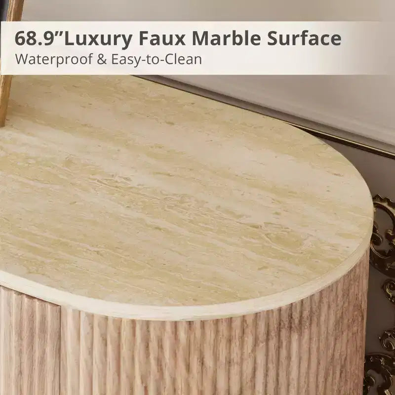 JVNOXK 65-inch Modern Recessed TV Console with Marble-Look Countertop and Gold Accents, Suitable for Living Rooms, Natural Oak