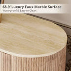 JVNOXK 65-inch Modern Recessed TV Console with Marble-Look Countertop and Gold Accents, Suitable for Living Rooms, Natural Oak