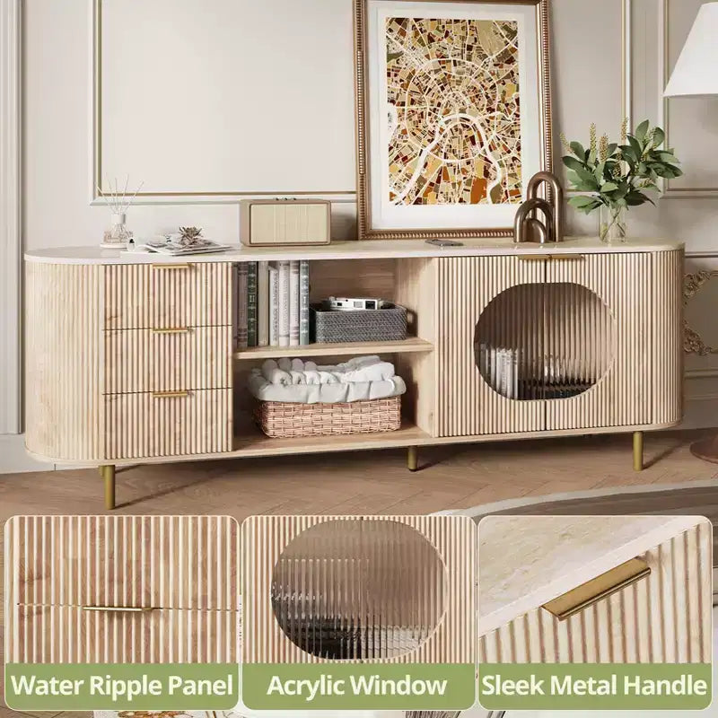 JVNOXK 65-inch Modern Recessed TV Console with Marble-Look Countertop and Gold Accents, Suitable for Living Rooms, Natural Oak