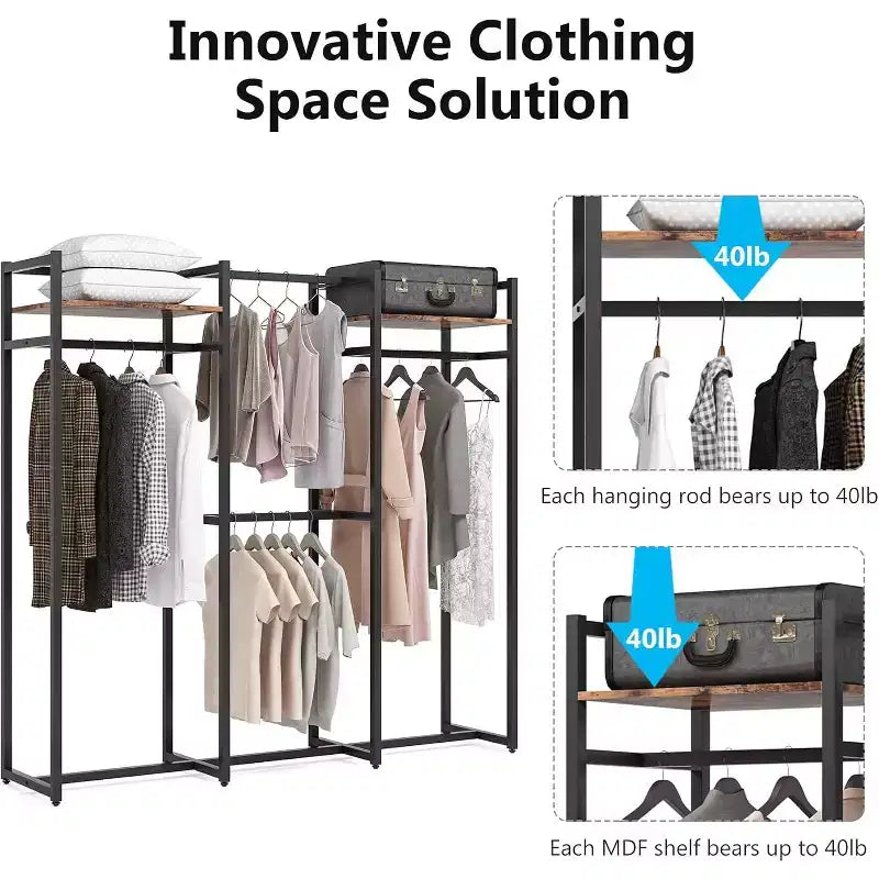 Lantine Heavy Duty Garment Rack with Shelves and Hanging Rod, Free Standing Closet Organizer for Hallway, Bedroom, Dark Black, Max Load 500Lbs