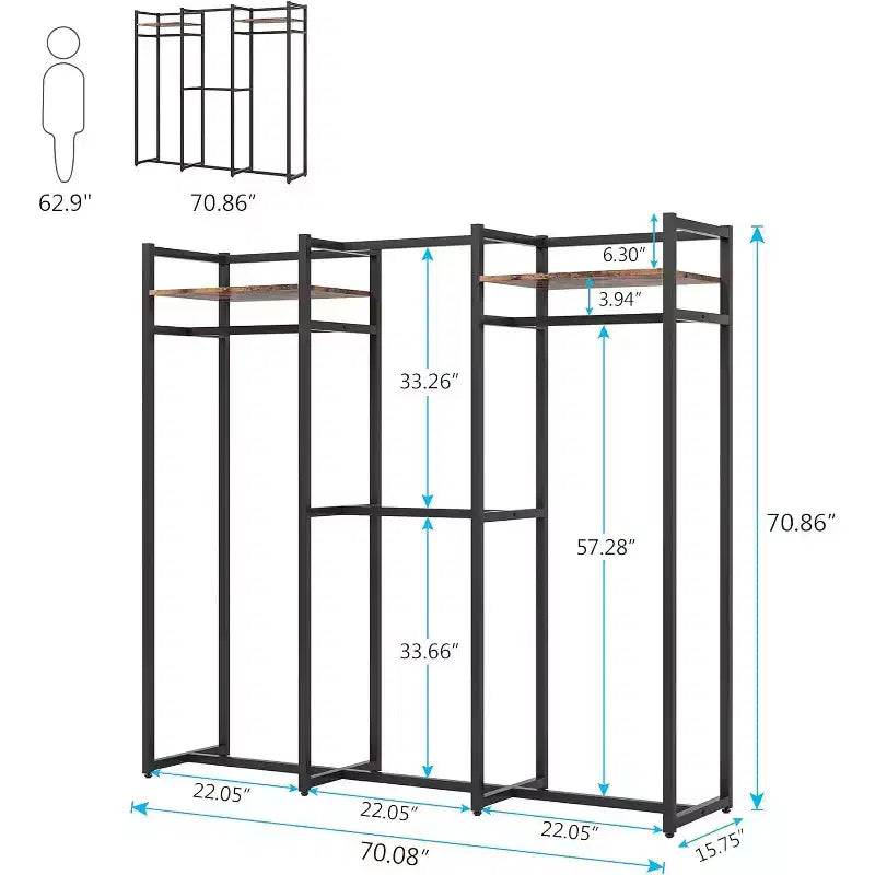 Lantine Heavy Duty Garment Rack with Shelves and Hanging Rod, Free Standing Closet Organizer for Hallway, Bedroom, Dark Black, Max Load 500Lbs