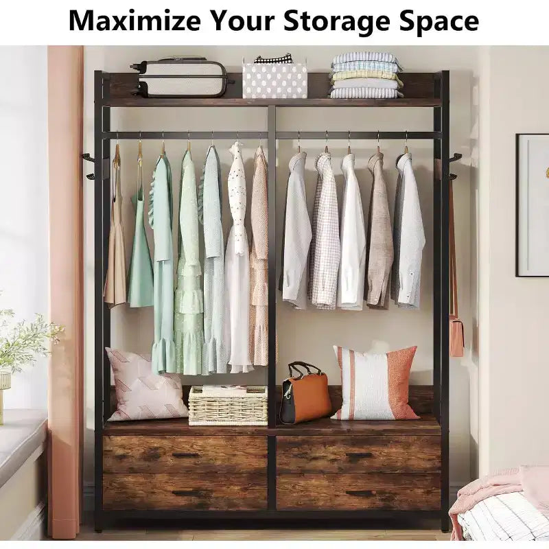 Lantine Closet Organizer Garment Rack with 4 Drawers and Hooks for Bedroom, Living Room, Rustic Brown