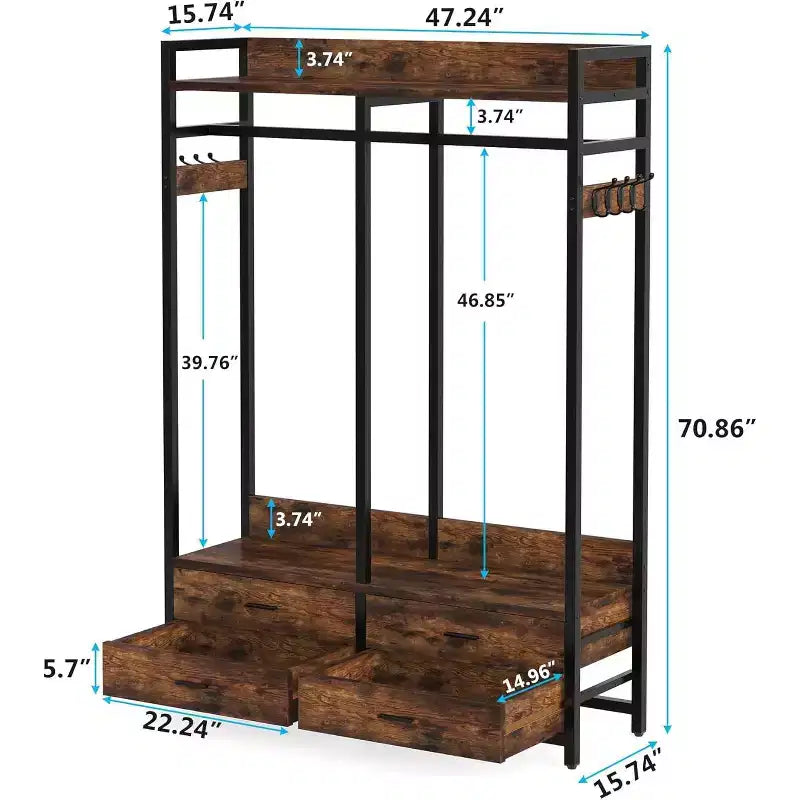 Organizzatore per armadio Lantine, stand appendiabiti con 4 cassetti e ganci per camera da letto, soggiorno, marrone rustico