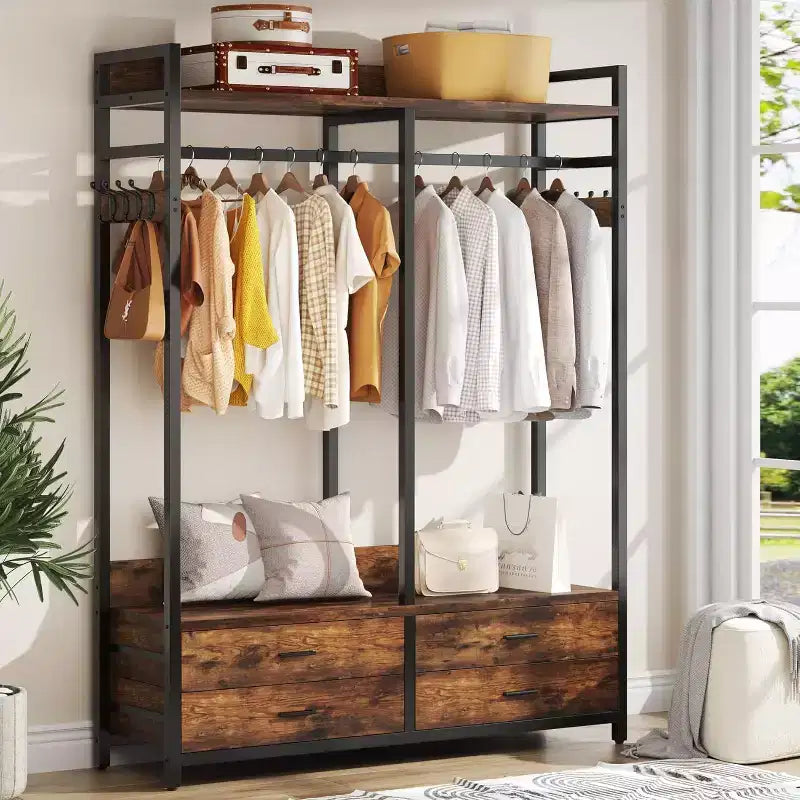 Organizzatore per armadio Lantine, stand appendiabiti con 4 cassetti e ganci per camera da letto, soggiorno, marrone rustico