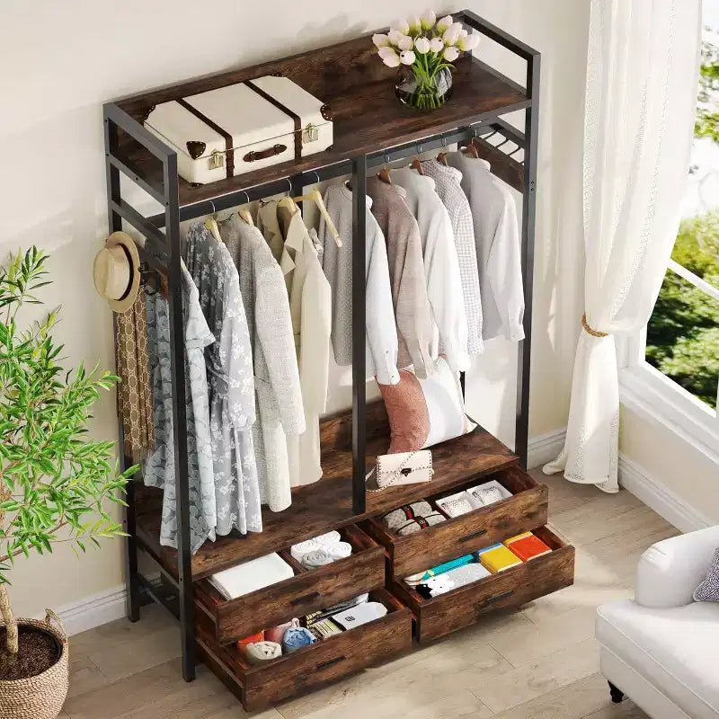 Organizzatore per armadio Lantine, stand appendiabiti con 4 cassetti e ganci per camera da letto, soggiorno, marrone rustico