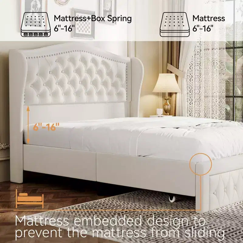 Dyonery Struttura Letto Matrimoniale, Letto a Piattaforma Rivestito in Velluto - Testiera a Onde Alta 133,6 cm e Trapuntata Verticale, 2 Cassetti portaoggetti, Nessuna Rete a Molle