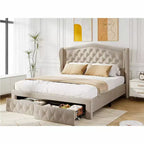 Dyonery Struttura Letto Matrimoniale, Letto a Piattaforma Rivestito in Velluto - Testiera a Onde Alta 133,6 cm e Trapuntata Verticale, 2 Cassetti portaoggetti, Nessuna Rete a Molle