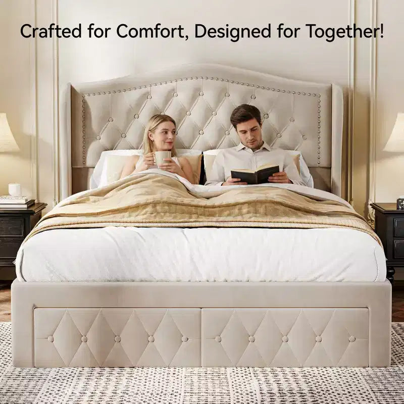 Dyonery Struttura Letto Matrimoniale, Letto a Piattaforma Rivestito in Velluto - Testiera a Onde Alta 133,6 cm e Trapuntata Verticale, 2 Cassetti portaoggetti, Nessuna Rete a Molle