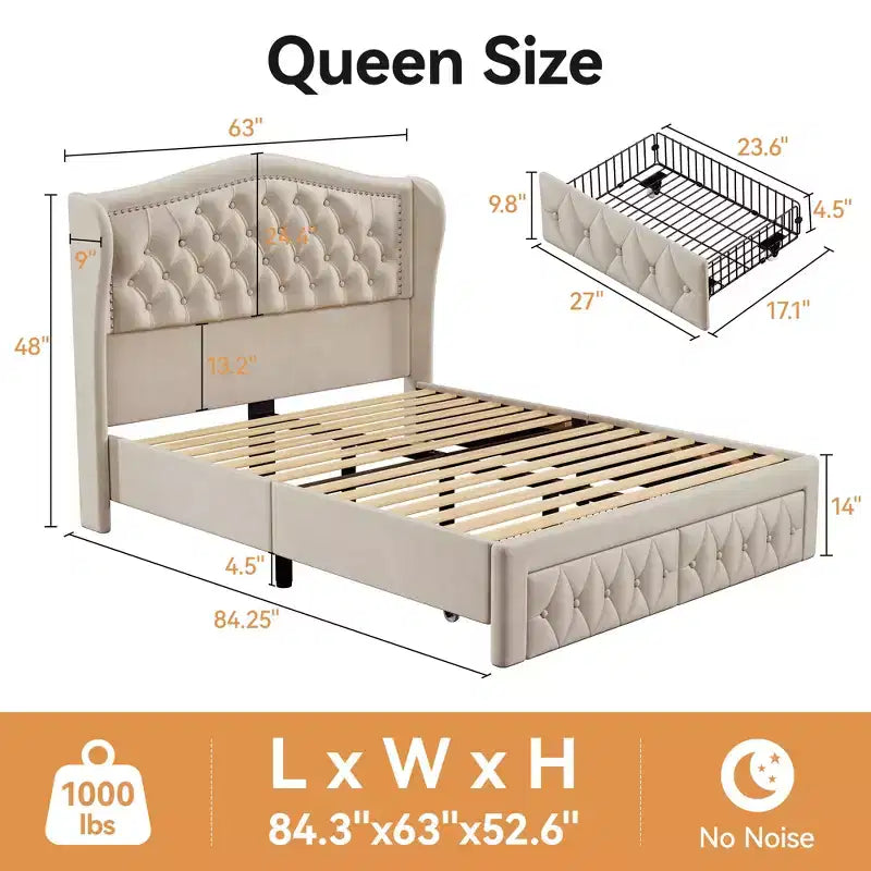 Dyonery Struttura Letto Matrimoniale, Letto a Piattaforma Rivestito in Velluto - Testiera a Onde Alta 133,6 cm e Trapuntata Verticale, 2 Cassetti portaoggetti, Nessuna Rete a Molle
