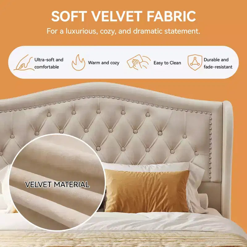 Dyonery Struttura Letto Matrimoniale, Letto a Piattaforma Rivestito in Velluto - Testiera a Onde Alta 133,6 cm e Trapuntata Verticale, 2 Cassetti portaoggetti, Nessuna Rete a Molle