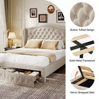 Dyonery Struttura Letto Matrimoniale, Letto a Piattaforma Rivestito in Velluto - Testiera a Onde Alta 133,6 cm e Trapuntata Verticale, 2 Cassetti portaoggetti, Nessuna Rete a Molle