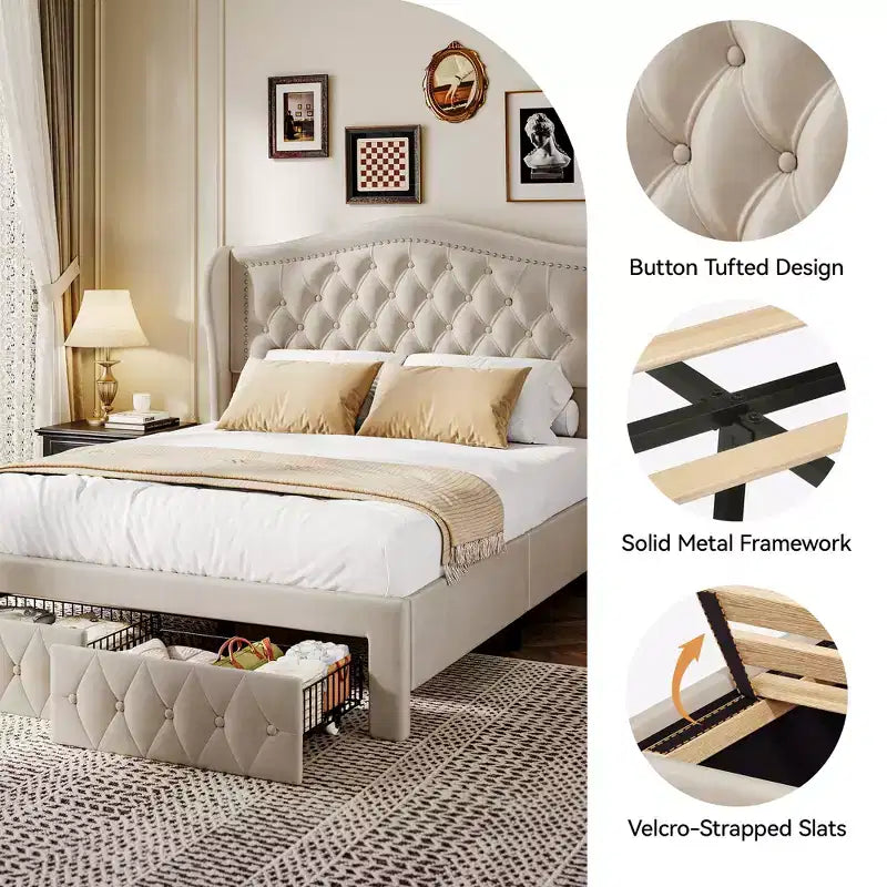 Dyonery Struttura Letto Matrimoniale, Letto a Piattaforma Rivestito in Velluto - Testiera a Onde Alta 133,6 cm e Trapuntata Verticale, 2 Cassetti portaoggetti, Nessuna Rete a Molle