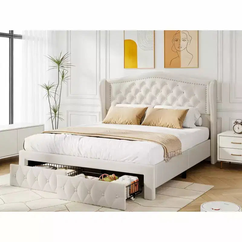 Dyonery Struttura Letto Matrimoniale, Letto a Piattaforma Rivestito in Velluto - Testiera a Onde Alta 133,6 cm e Trapuntata Verticale, 2 Cassetti portaoggetti, Nessuna Rete a Molle
