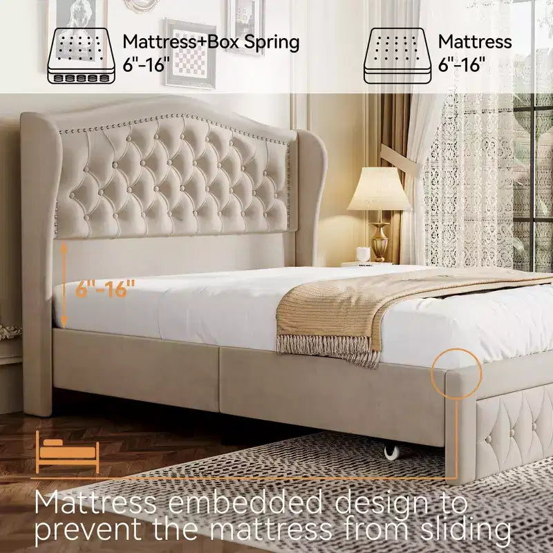 Dyonery Struttura Letto Matrimoniale, Letto a Piattaforma Rivestito in Velluto - Testiera a Onde Alta 133,6 cm e Trapuntata Verticale, 2 Cassetti portaoggetti, Nessuna Rete a Molle