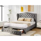 Dyonery Struttura Letto Matrimoniale, Letto a Piattaforma Rivestito in Velluto - Testiera a Onde Alta 133,6 cm e Trapuntata Verticale, 2 Cassetti portaoggetti, Nessuna Rete a Molle