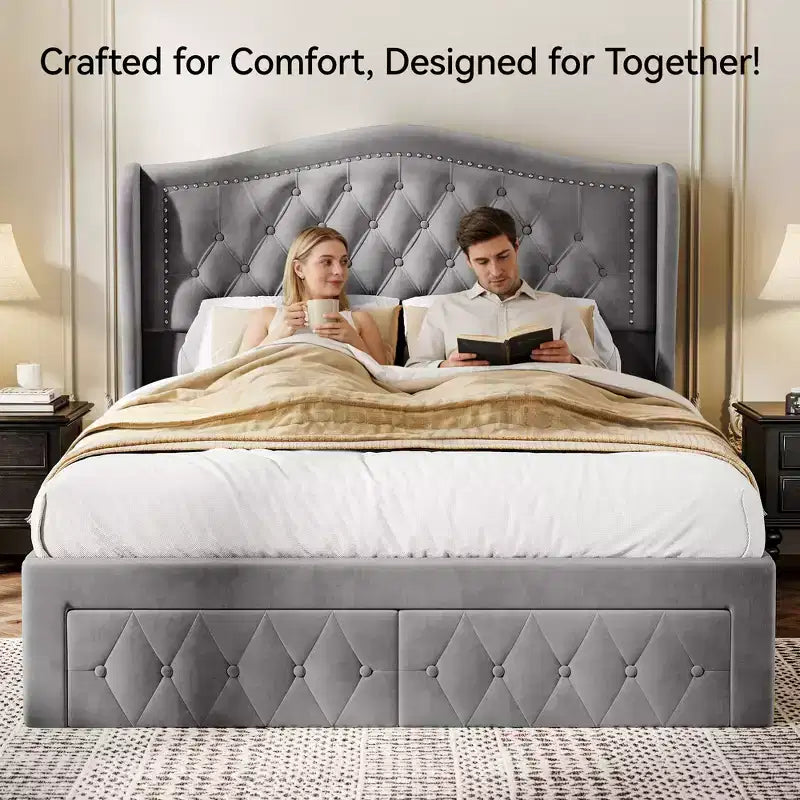 Dyonery Struttura Letto Matrimoniale, Letto a Piattaforma Rivestito in Velluto - Testiera a Onde Alta 133,6 cm e Trapuntata Verticale, 2 Cassetti portaoggetti, Nessuna Rete a Molle