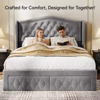 Dyonery Struttura Letto Matrimoniale, Letto a Piattaforma Rivestito in Velluto - Testiera a Onde Alta 133,6 cm e Trapuntata Verticale, 2 Cassetti portaoggetti, Nessuna Rete a Molle