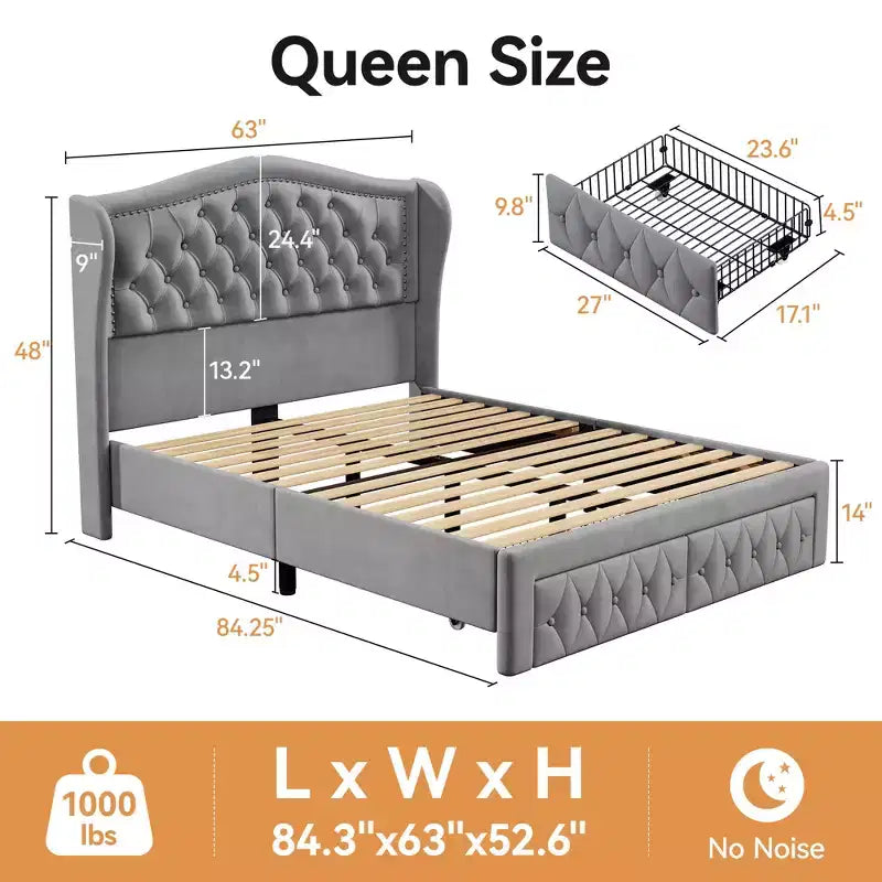 Dyonery Struttura Letto Matrimoniale, Letto a Piattaforma Rivestito in Velluto - Testiera a Onde Alta 133,6 cm e Trapuntata Verticale, 2 Cassetti portaoggetti, Nessuna Rete a Molle