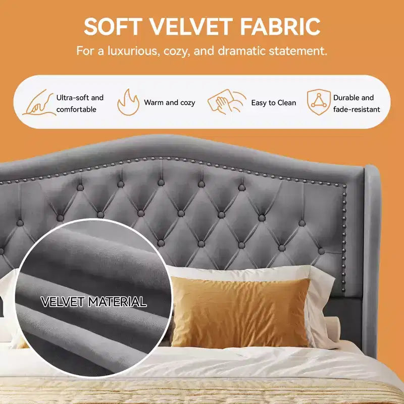 Dyonery Struttura Letto Matrimoniale, Letto a Piattaforma Rivestito in Velluto - Testiera a Onde Alta 133,6 cm e Trapuntata Verticale, 2 Cassetti portaoggetti, Nessuna Rete a Molle