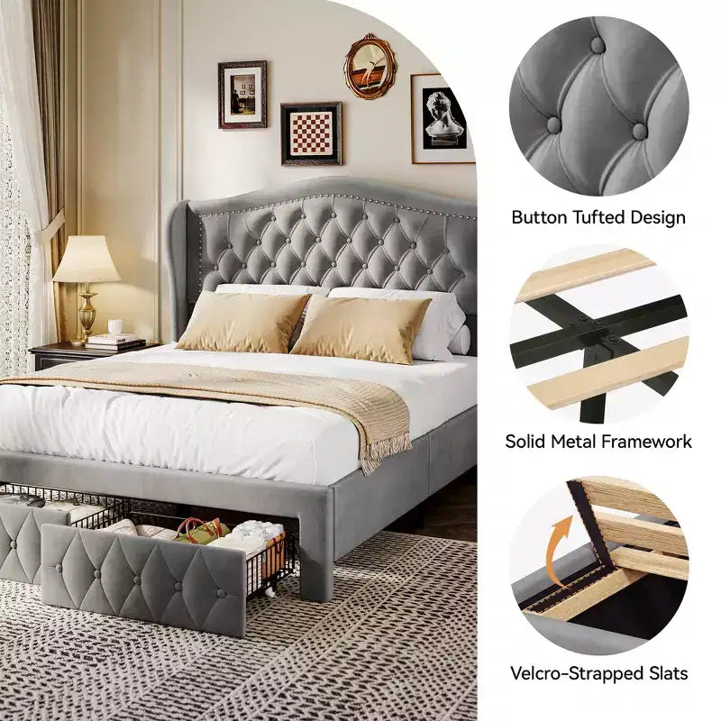 Dyonery Struttura Letto Matrimoniale, Letto a Piattaforma Rivestito in Velluto - Testiera a Onde Alta 133,6 cm e Trapuntata Verticale, 2 Cassetti portaoggetti, Nessuna Rete a Molle